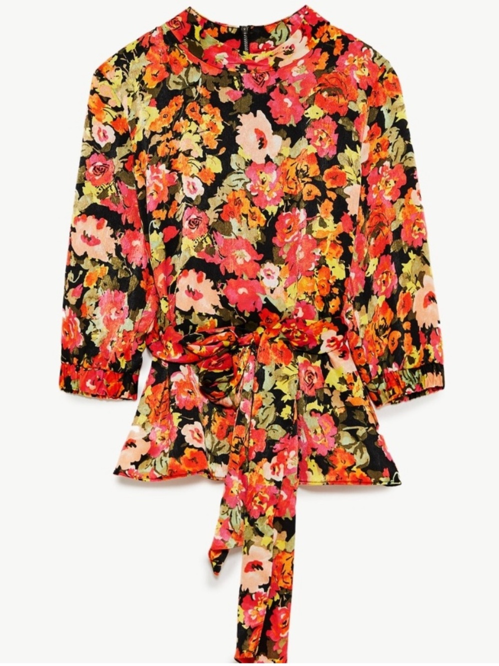 Zara Floral Tie-Waist Mock Neck Blouse size XS